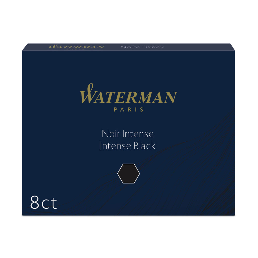 Boîte de 8 cartouches d'encre Waterman Noir Intense, présentée sur un fond blanc. Ces cartouches offrent une encre noire fluide et profonde, compatible avec les stylos plume Waterman.