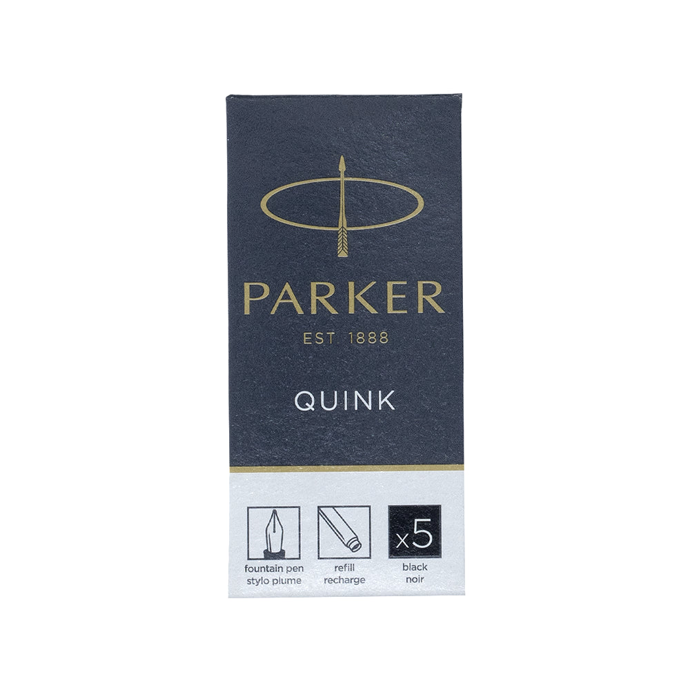 Cartouche d'encre Parker Quink de couleur noire, présentée sur un fond blanc. Idéale pour les stylos plume Parker, cette cartouche offre une encre noire fluide et de haute qualité, assurant une écriture nette et durable.