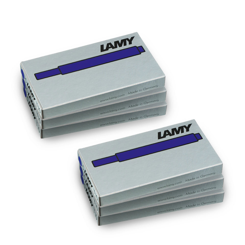 Lot de 6 cartouches d'encre LamyT10 bleu sur fond blanc.