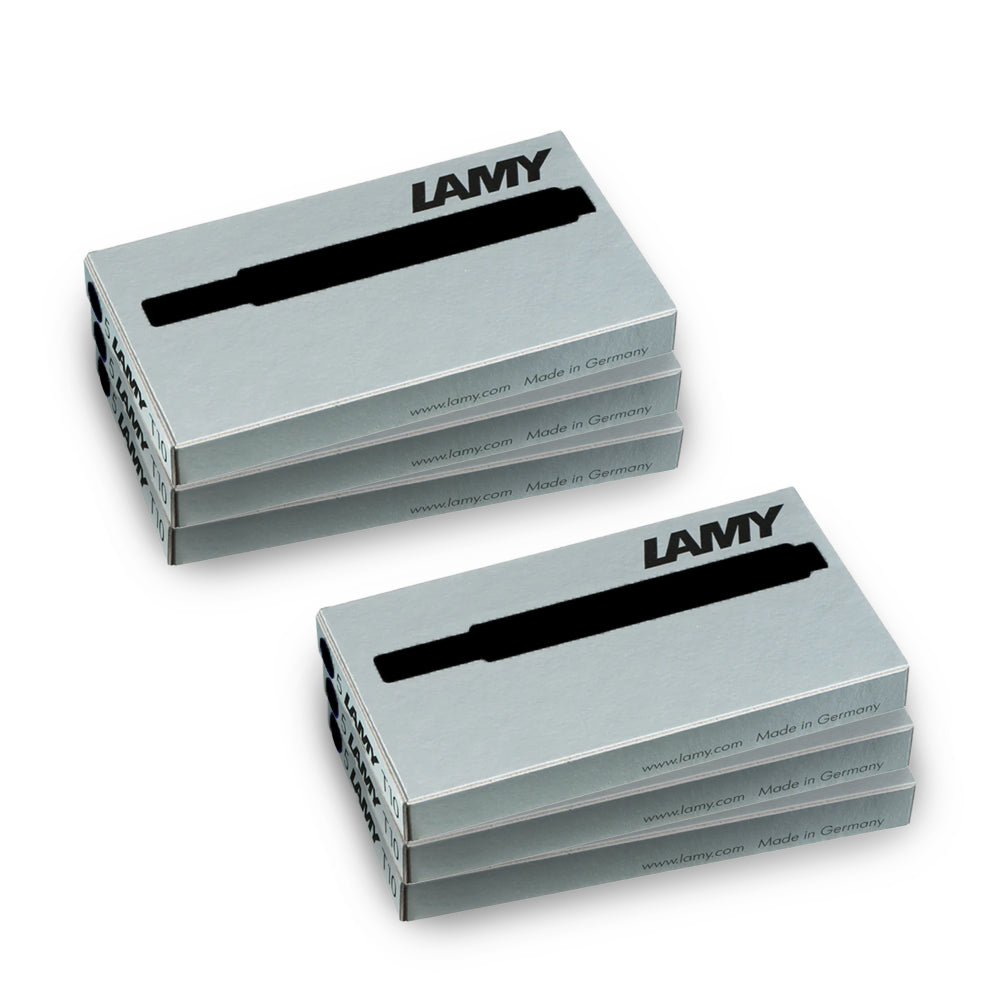 Lot de 6 cartouches d'encre LamyT10 noir sur fond blanc.