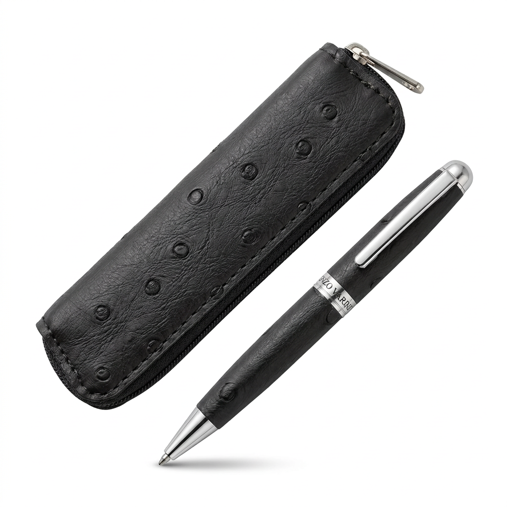 Coffret noir : mini stylo bille noir et trousse simili cuir noir à 45°