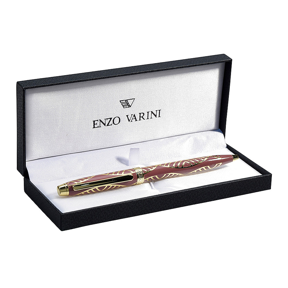 Stylo bille Enzo Varini Taormina XL Gioiello Vin et Doré dans son écrin noir à intérieur blanc sur fond blanc.