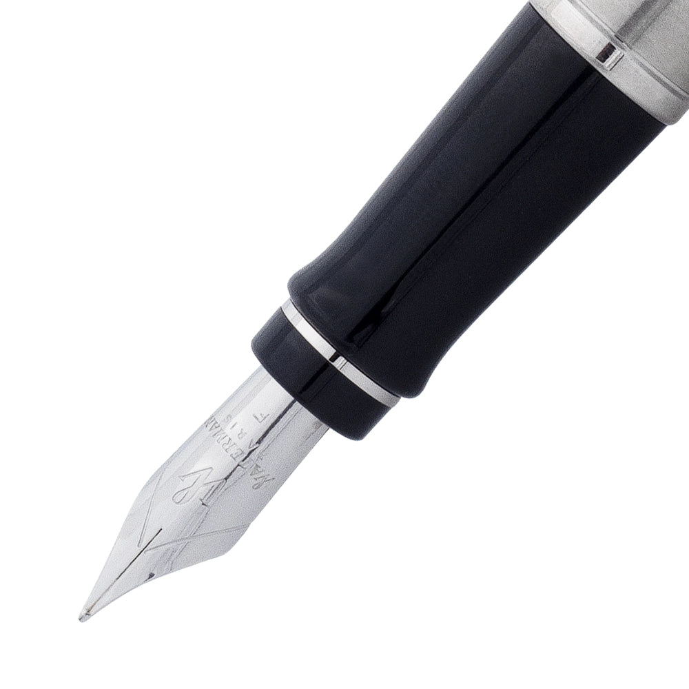 Focus sur la plume du stylo plume Waterman Expert Acier CT. La plume fine en acier assure une écriture précise et agréable, mettant en avant le design raffiné et la qualité du stylo.