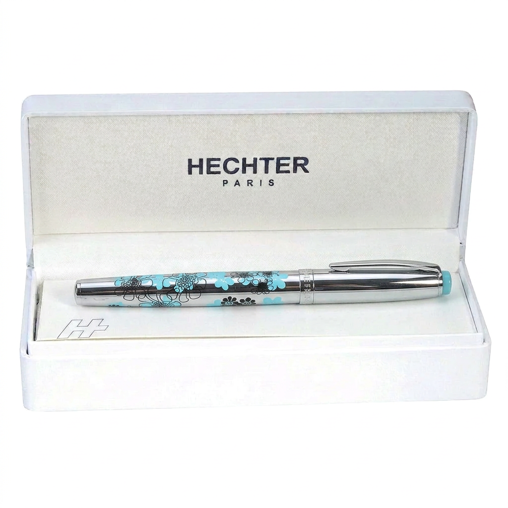 Stylo plume Hechter Paris HELIOS chromé fleurs turquoise SD100131A dans un écrin blanc ouvert