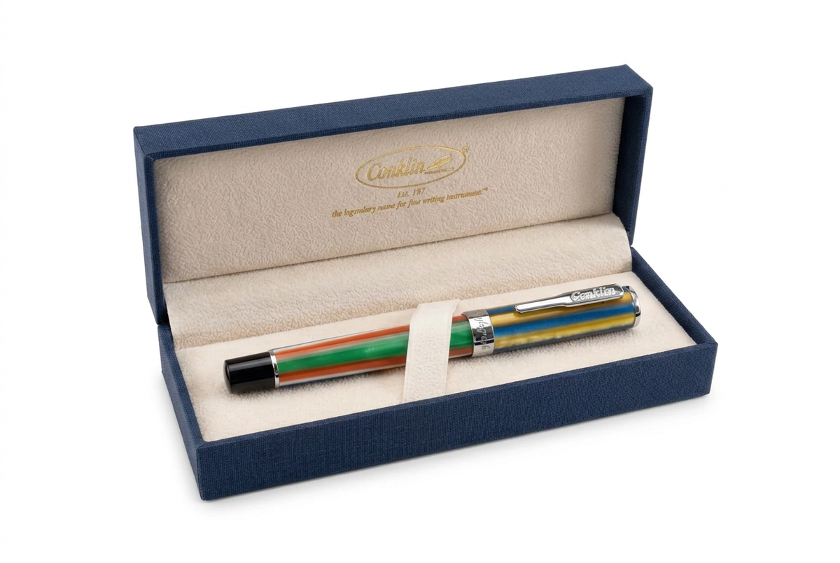 Stylo plume Conklin Stylograph Tropical Blend dans son écrin Conklin ouvert