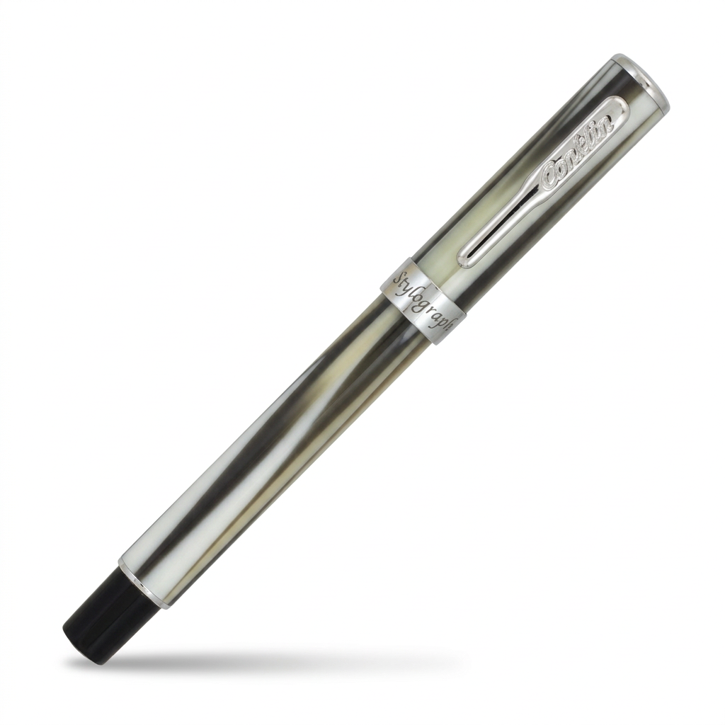 Stylo plume Conklin Stylograph Polar White fermé à 45 degrés sur fond blanc