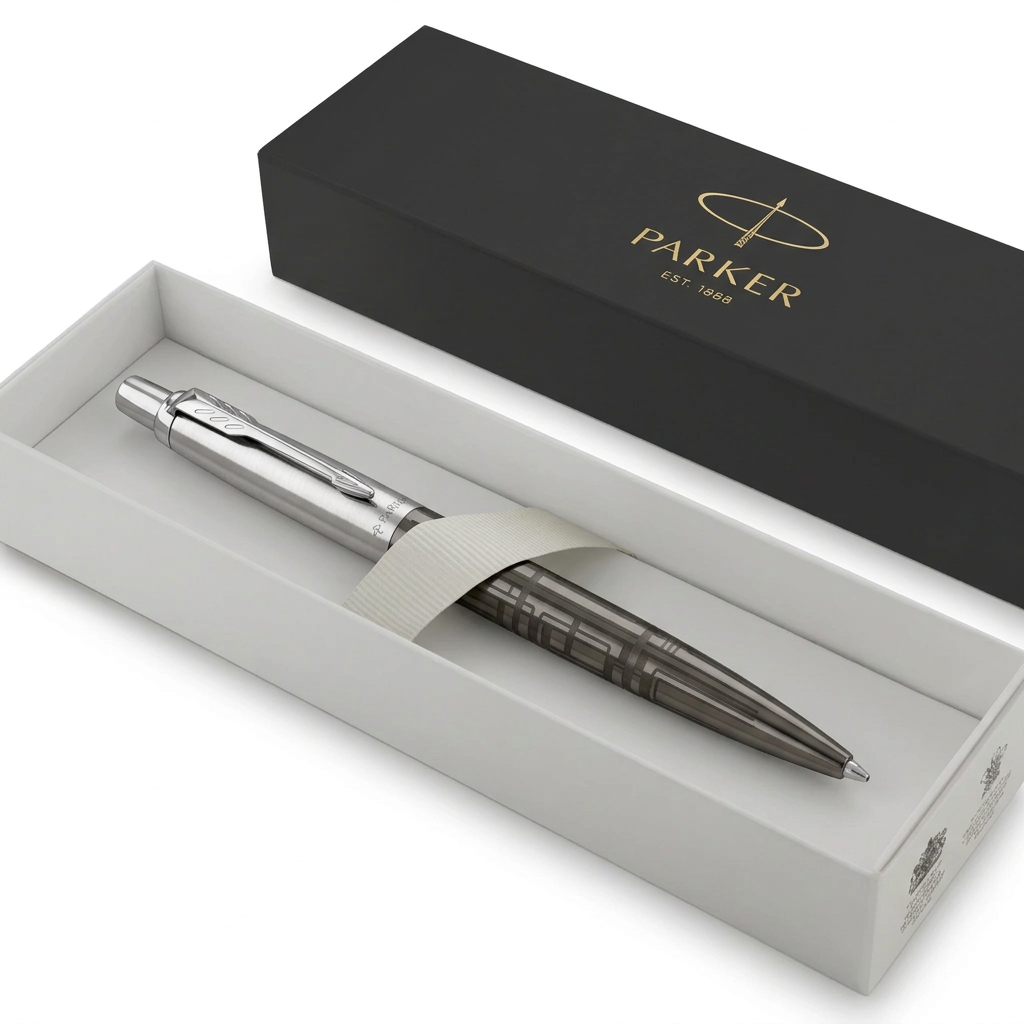Stylo bille Parker Jotter chromé et gunmetal présenté dans son écrin Parker