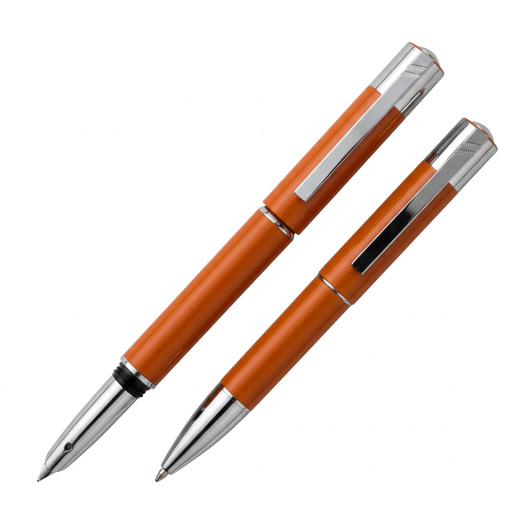 Parure Hechter Paris Classic Media orange et chromé SD176003A, stylo à plume capotée ouvert et stylo bille sur fond blanc