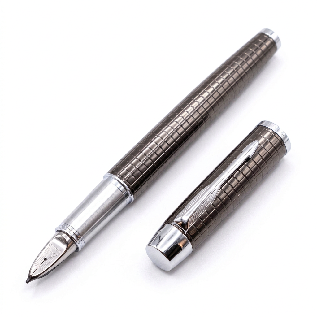 Parker IM Premium 5th Gunmetal quadrillé ouvert entier à 45 degrés, capuchon à côté