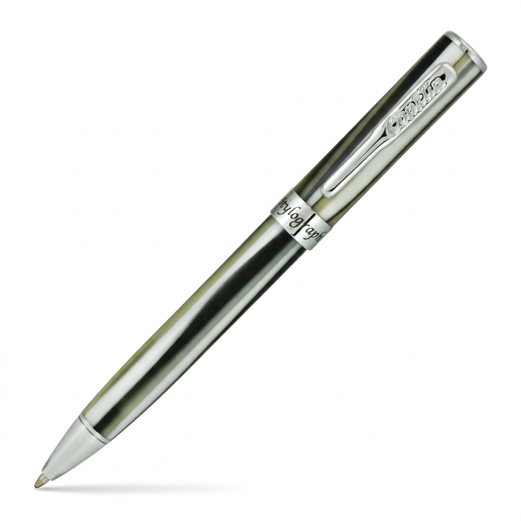 Stylo bille Conklin Stylograph Polar White à 45 degrés, pointe en bas à gauche, sur fond blanc