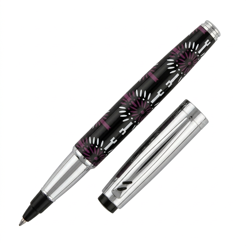 Roller à cartouches Hechter Paris HELIOS noir violet blanc SD100126A ouvert, capuchon retourné avec sommet noir vers le bas à gauche, sur fond blanc