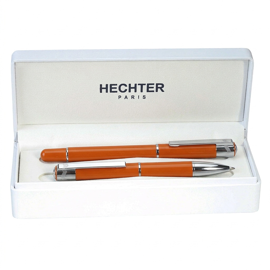 Parure Hechter Paris Classic Media orange et chromé SD176003A dans un écrin blanc Hechter Paris, barrettes visibles