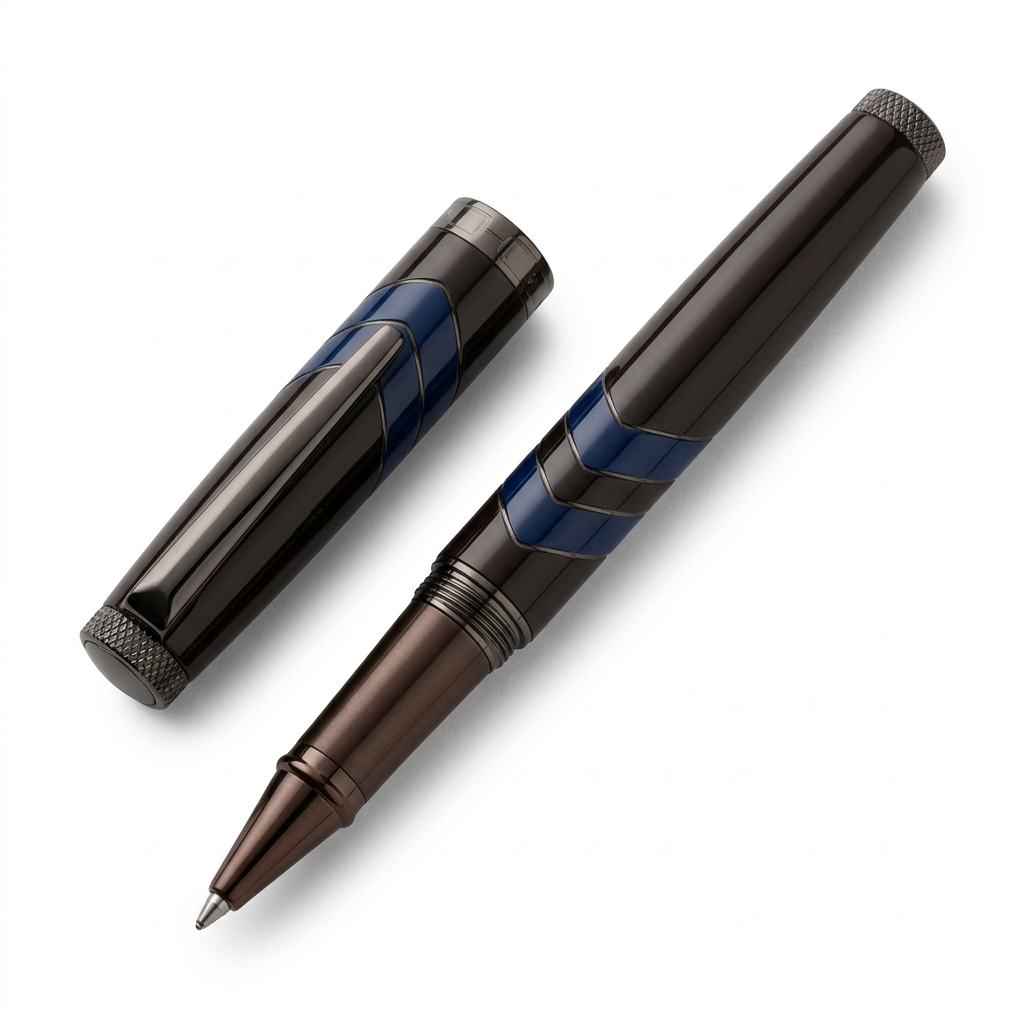 Stylo roller Hechter Paris Ring Aston laqué chocolat à bagues bleues SD253012A ouvert avec capuchon à côté sur fond blanc