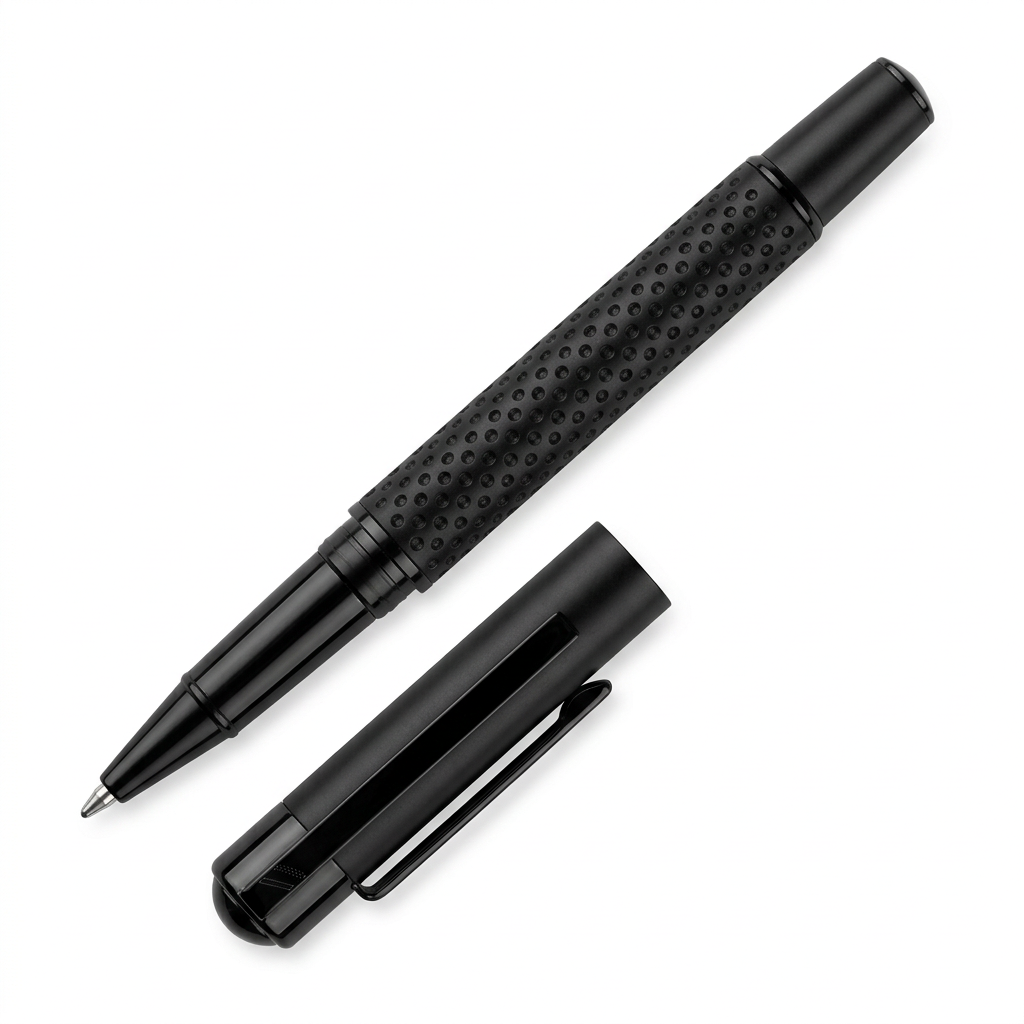 Stylo roller Hechter Paris Exclusif Media percé noir noir brillant SD173005A ouvert avec capuchon à côté sur fond blanc