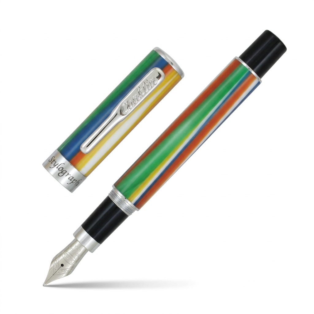Stylo plume Conklin Stylograph Tropical Blend ouvert avec capuchon séparé sur fond blanc