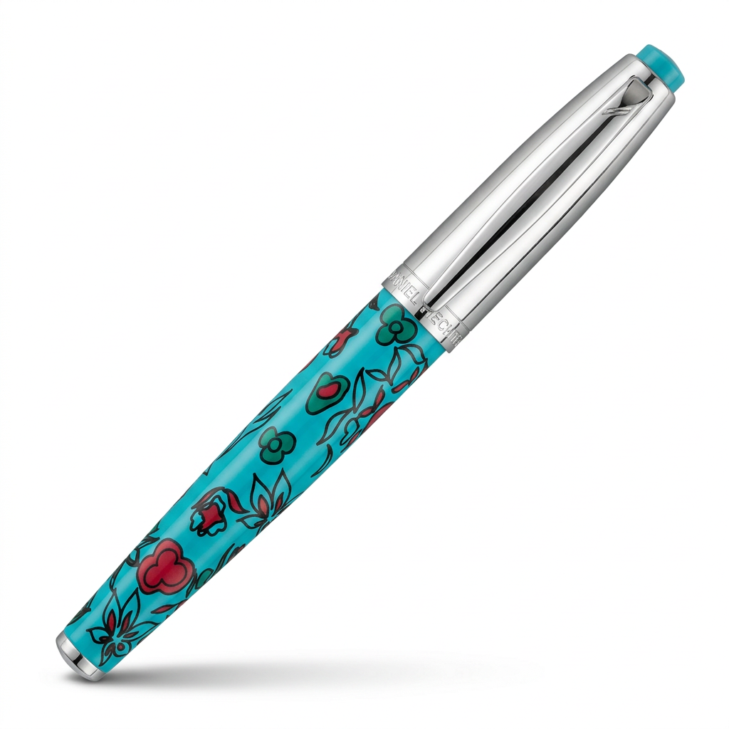 Stylo plume Hechter Paris HELIOS turquoise chromé fleurs rouges et vertes SD100134A fermé à 45 degrés sur fond blanc