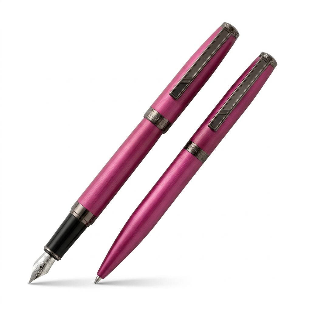 Parure Hechter Paris Brushed Aston rose SD267015A, stylo plume ouvert et stylo bille à 45 degrés sur fond blanc