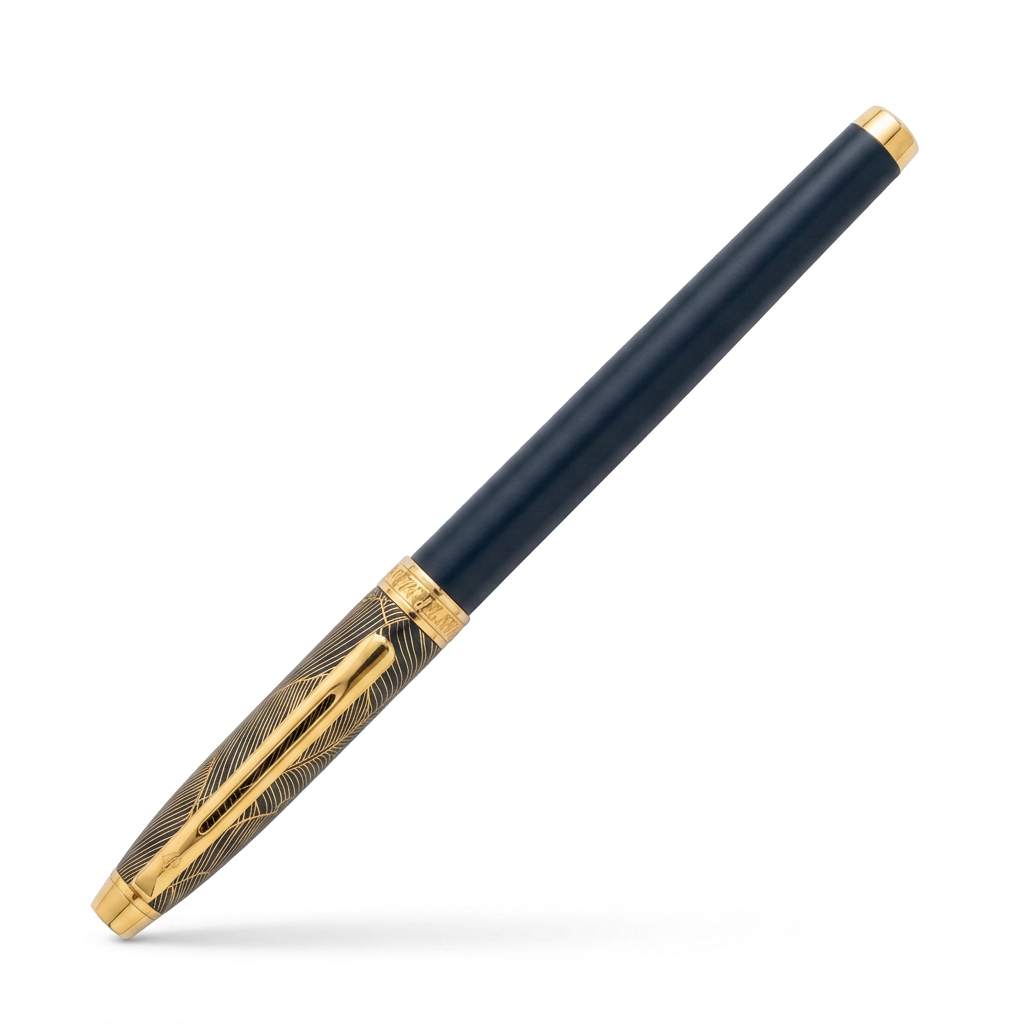 Stylo plume Enzo Varini Taormina Gardens Bali bleu mat et or fermé sur fond blanc pur