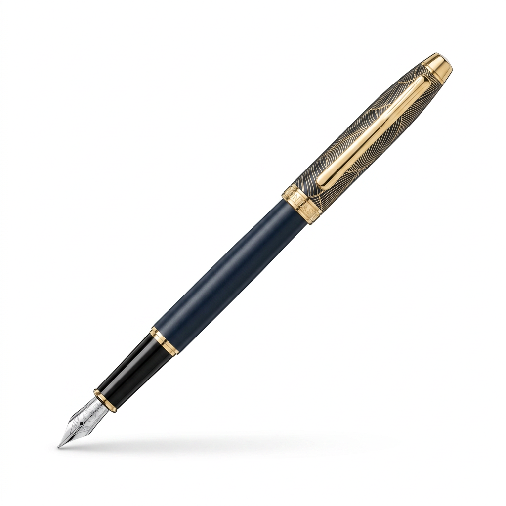 Stylo plume Enzo Varini Taormina Gardens Bali bleu mat et or ouvert sur fond blanc