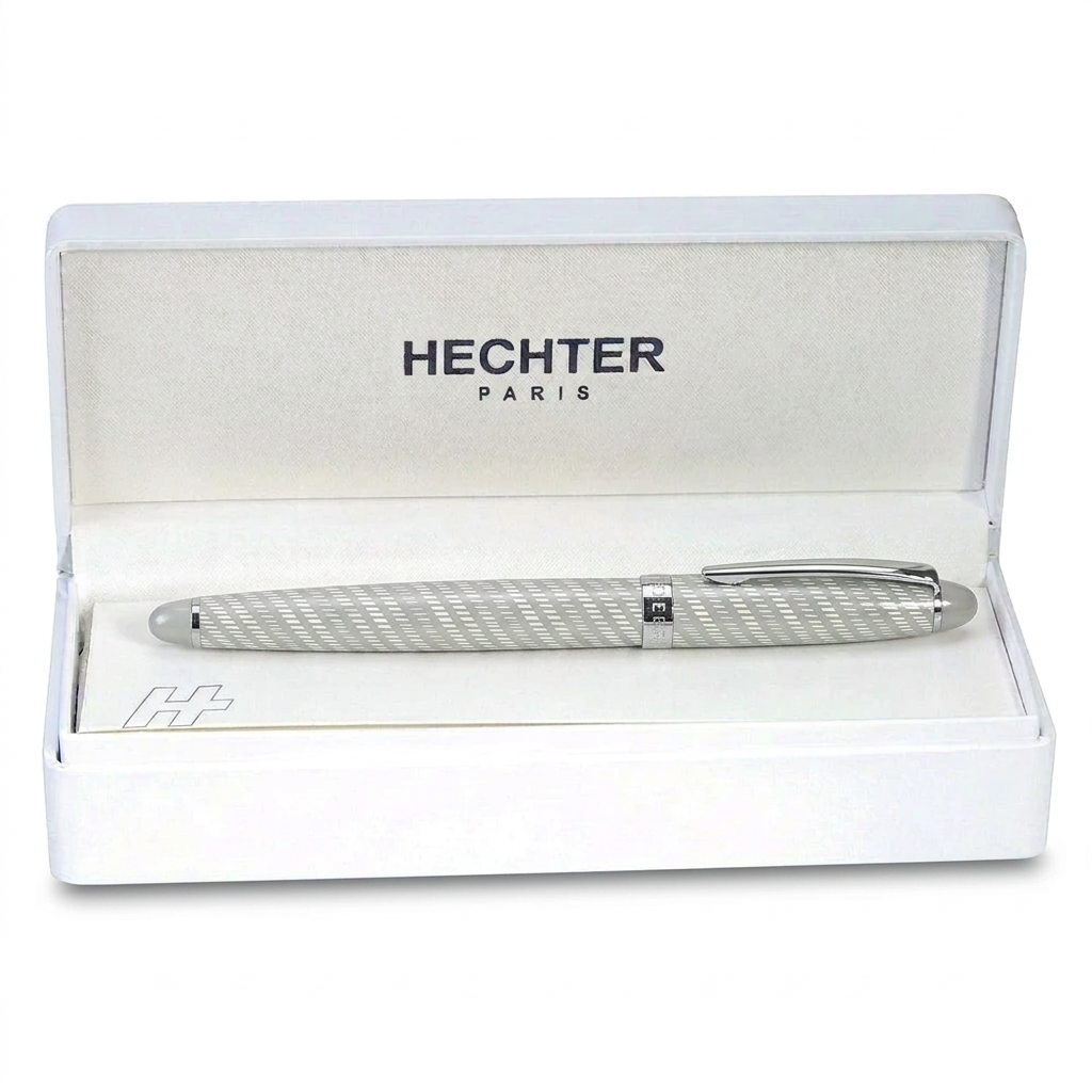 Stylo plume Hechter Paris ALLIANCE argenté SD183018A dans un écrin blanc ouvert
