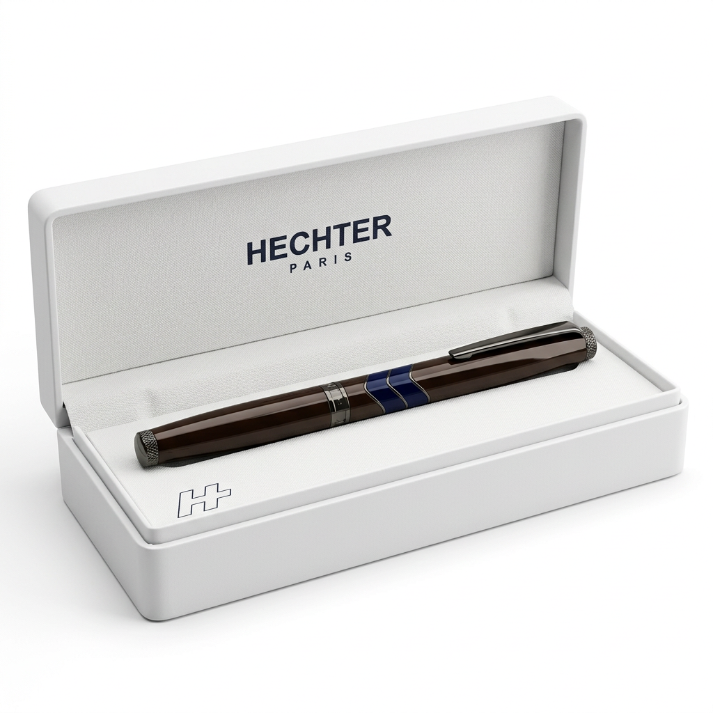 Stylo plume Hechter Paris Ring Aston chocolat à bagues bleues SD227012A fermé dans son écrin blanc