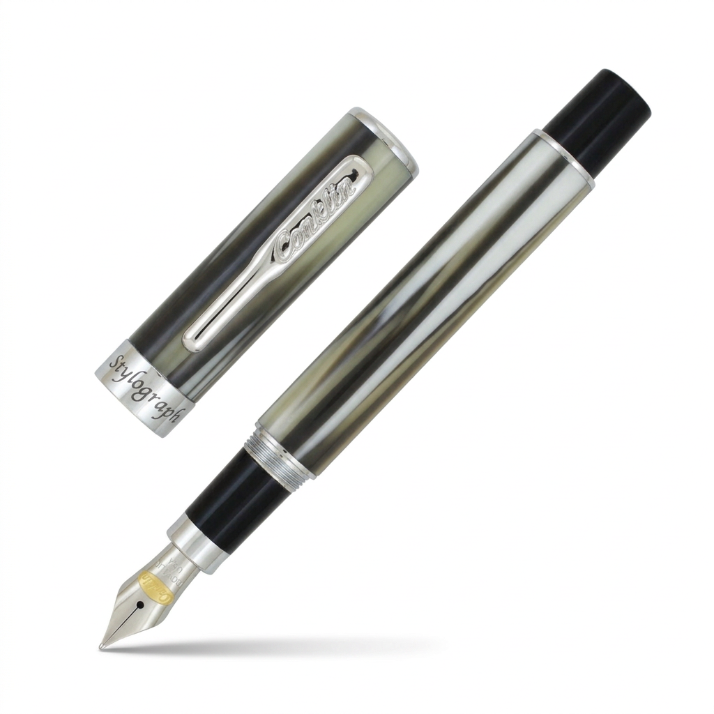 Stylo plume Conklin Stylograph Polar White ouvert avec capuchon séparé sur fond blanc