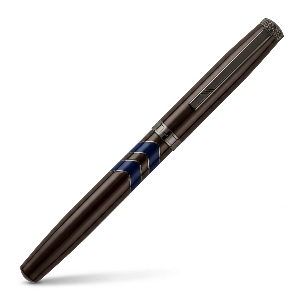 Stylo plume Hechter Paris Ring Aston chocolat à bagues bleues SD227012A fermé à 45 degrés sur fond blanc