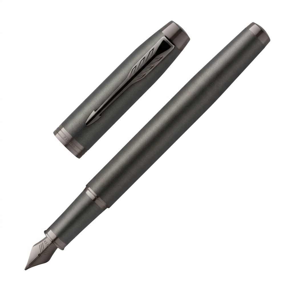 Stylo plume Parker IM Monochrome gris acier à 45 degrés avec capuchon détaché à côté