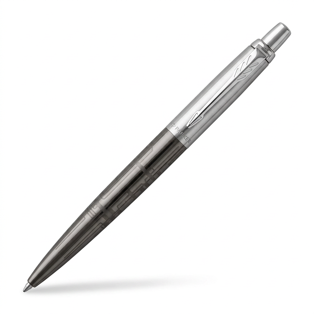 Stylo bille Parker Jotter chromé et gunmetal à motifs, vue en diagonale sur fond blanc