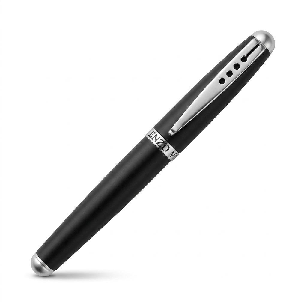 Mini stylo plume noir mat fermé à 45°, capuchon en haut à droite