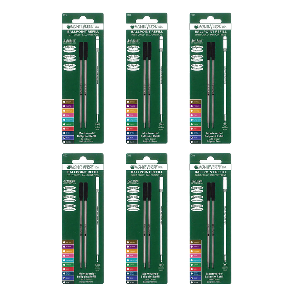 Lot de 6 recharge Monteverde de couleur bleu compatible Cross sur fond blanc.