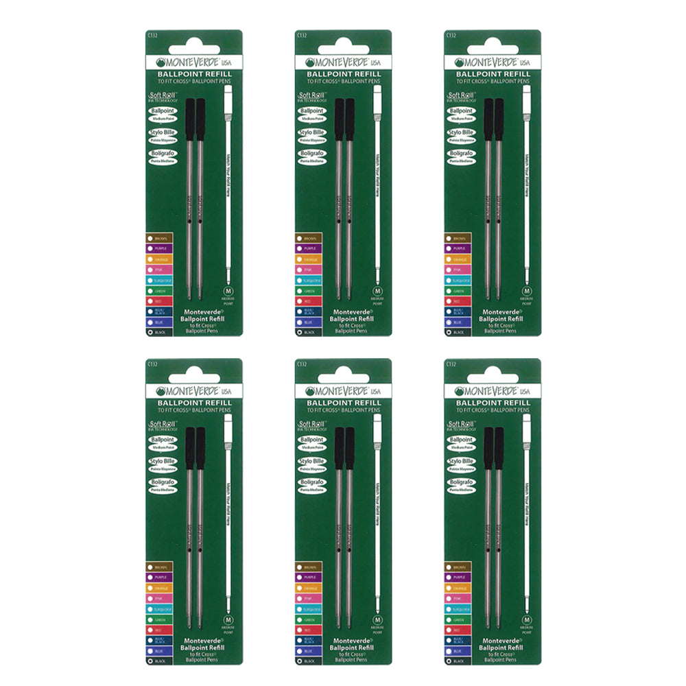 Lot de 6 recharge stylo bille Monteverde de couleur noir compatible Cross sur fond blanc.