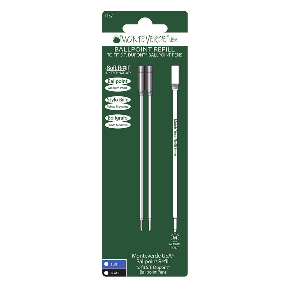 Recharge Monteverde compatible pour stylo bille S.T. Dupont Noir Moyenne (deux recharges), présentée sous blister de face sur fond blanc.