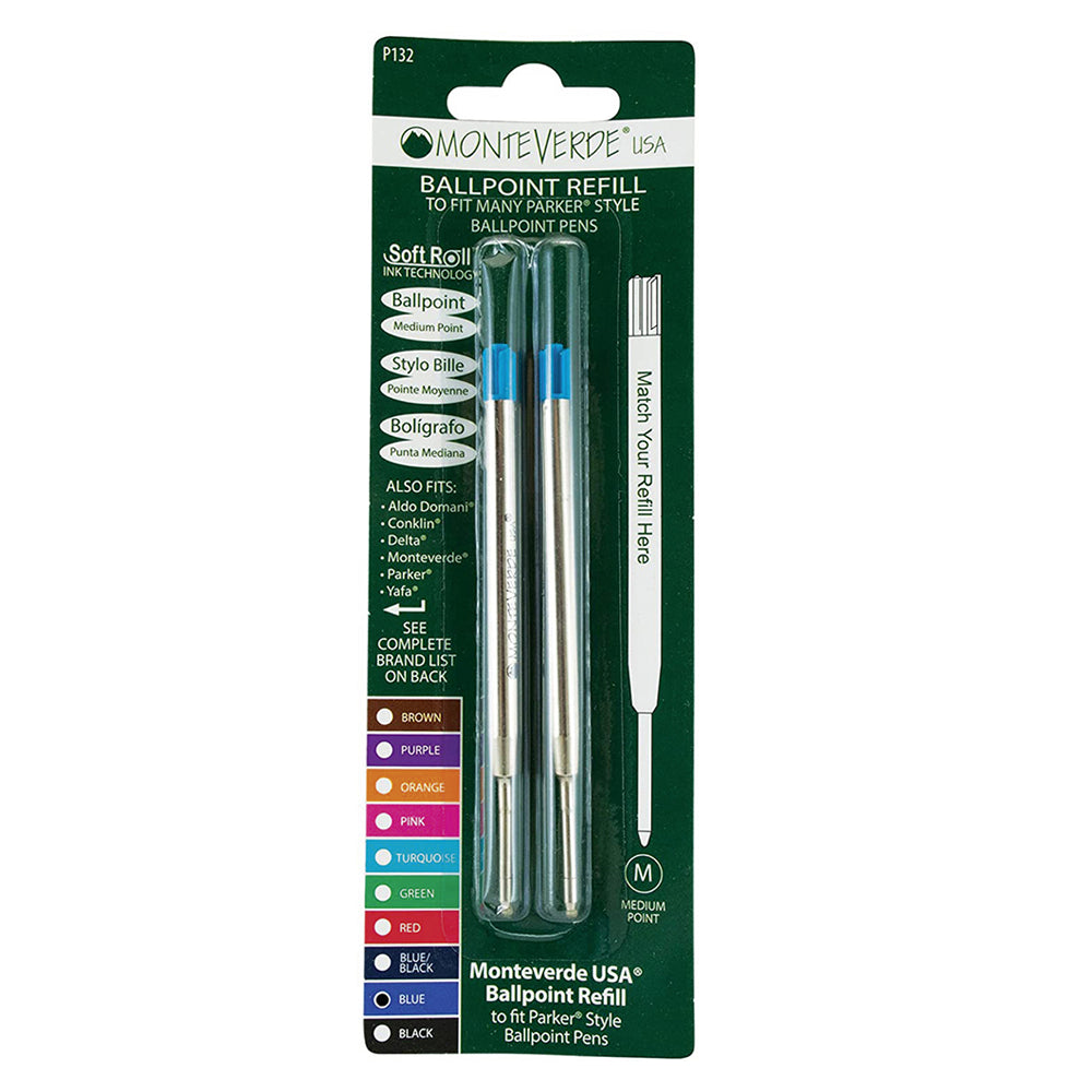 Recharge Monteverde compatible pour stylo bille Parker Bleu Moyenne (deux recharges), présentée sous blister de face sur fond blanc.