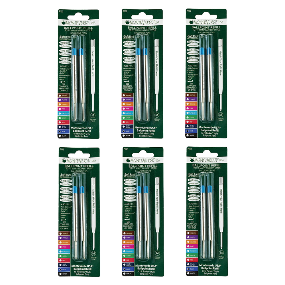 6 blisters recharge stylo bille de couleur bleue Monteverde compatible Parker sur fond blanc.