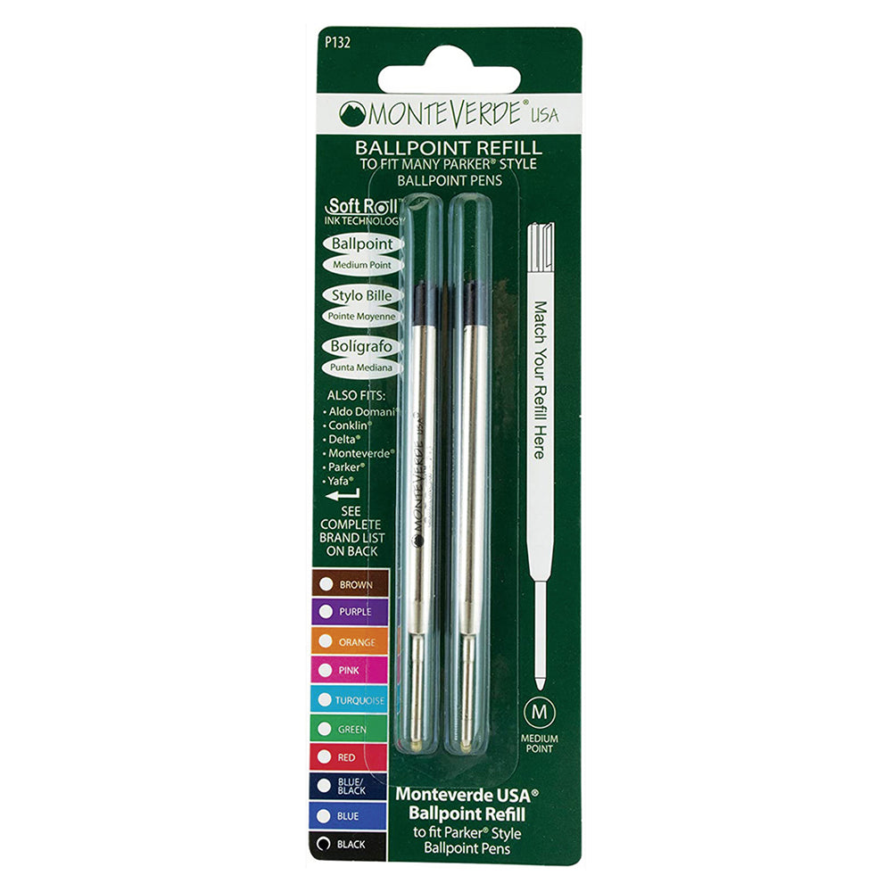 Recharge Monteverde compatible pour stylo bille Parker Noir Moyenne (deux recharges), présentée sous blister de face sur fond blanc.