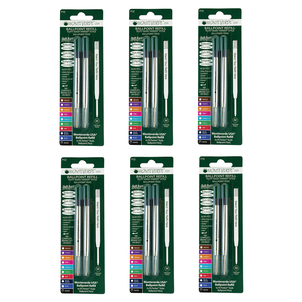6 blisters recharges stylo bille Monteverde de couleur noir compatible Parker sur fond blanc.