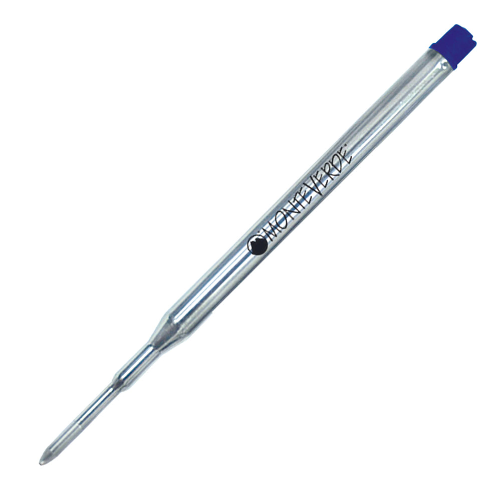 Recharge Monteverde compatible pour stylo bille Sheaffer Bleu Moyenne (une recharge), présentée à 45° sur fond blanc.