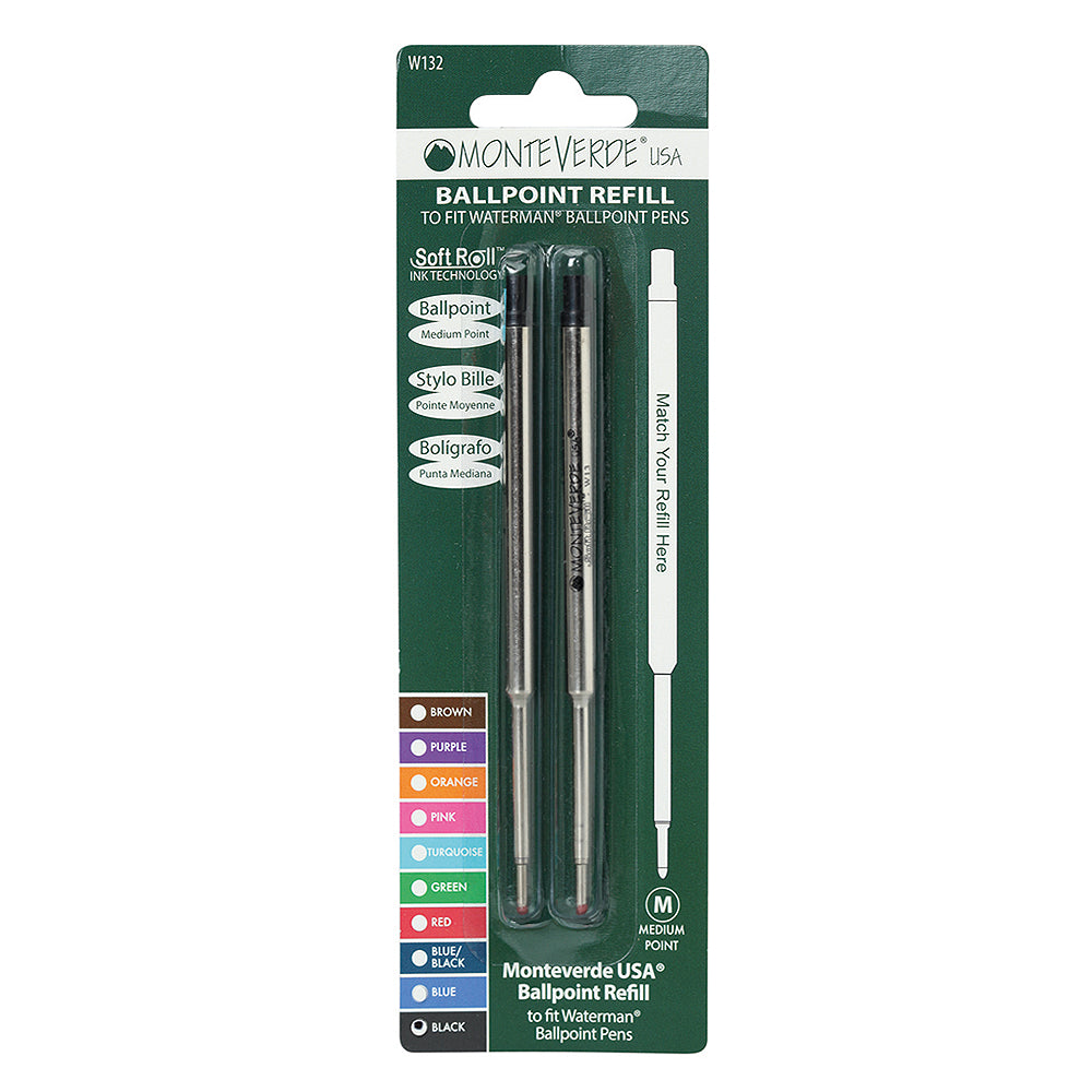 Recharge Monteverde compatible pour stylo bille Waterman Noir Moyenne (deux recharges), présentée sous blister de face sur fond blanc.