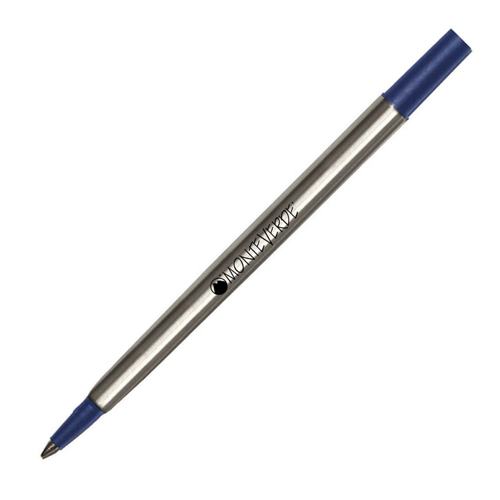 Recharge Monteverde compatible pour stylo roller Parker Bleu Fine (une recharge), présentée à 45° sur fond blanc.