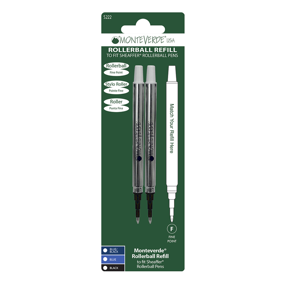 Recharge Monteverde compatible pour stylo roller Sheaffer Noir Fine (deux recharges), présentée sous blister de face sur fond blanc.