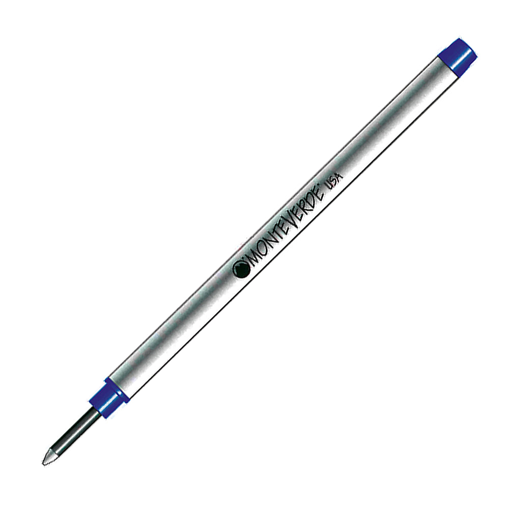 Recharge Monteverde compatible pour stylo roller S.T. Dupont Bleu Fine (une recharge), présentée à 45° sur fond blanc.