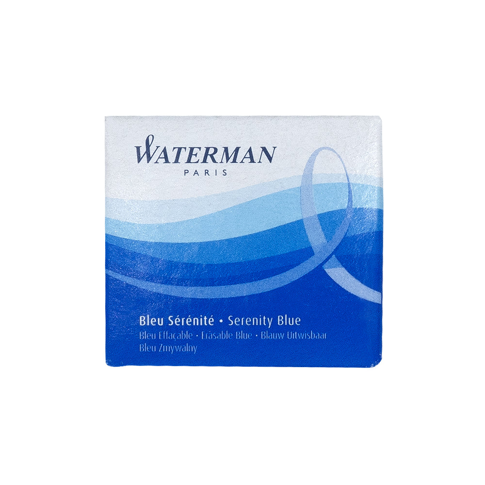 Pack de 6 cartouches d'encre Waterman de couleur bleue, présenté sur un fond blanc. Compatible avec les stylos plume Waterman, ce lot offre une encre fluide et élégante pour une écriture précise et durable.