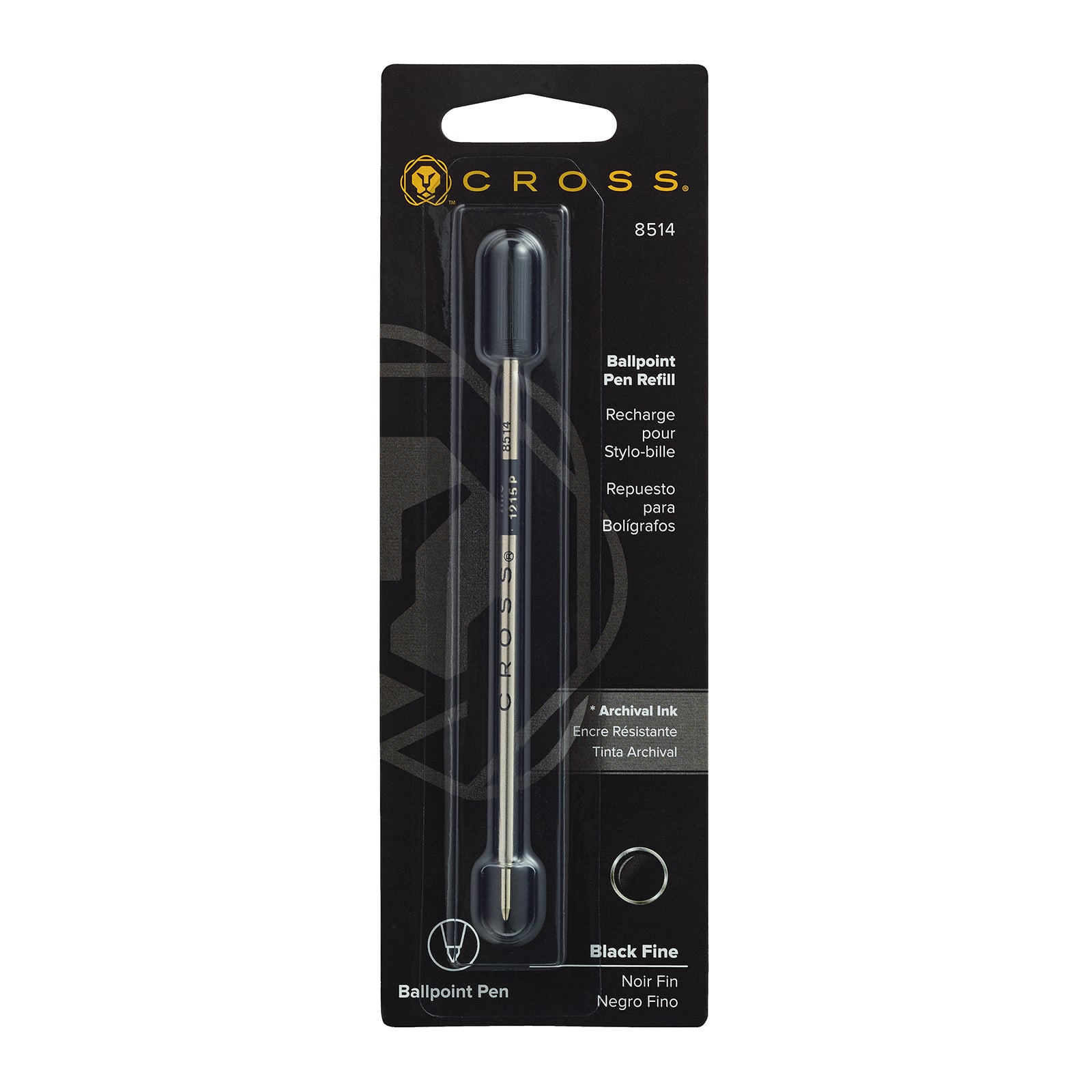 Recharge bille Cross de taille fine, couleur noire, vue de face sur fond blanc.