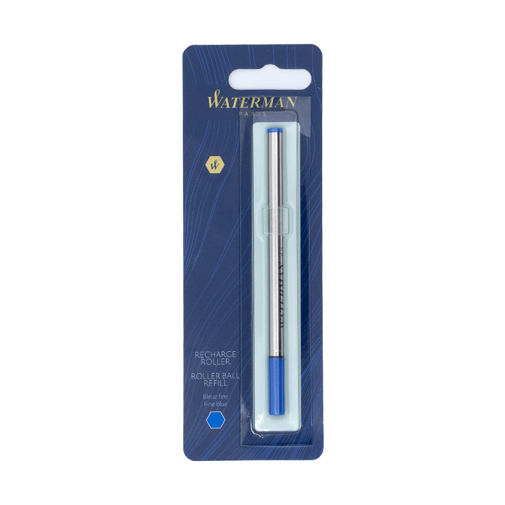 Recharge roller fine de couleur bleue Waterman, présentée sur un fond blanc. Conçue pour offrir une écriture fluide et précise, cette recharge est compatible avec les stylos roller Waterman pour une expérience d'écriture de qualité.