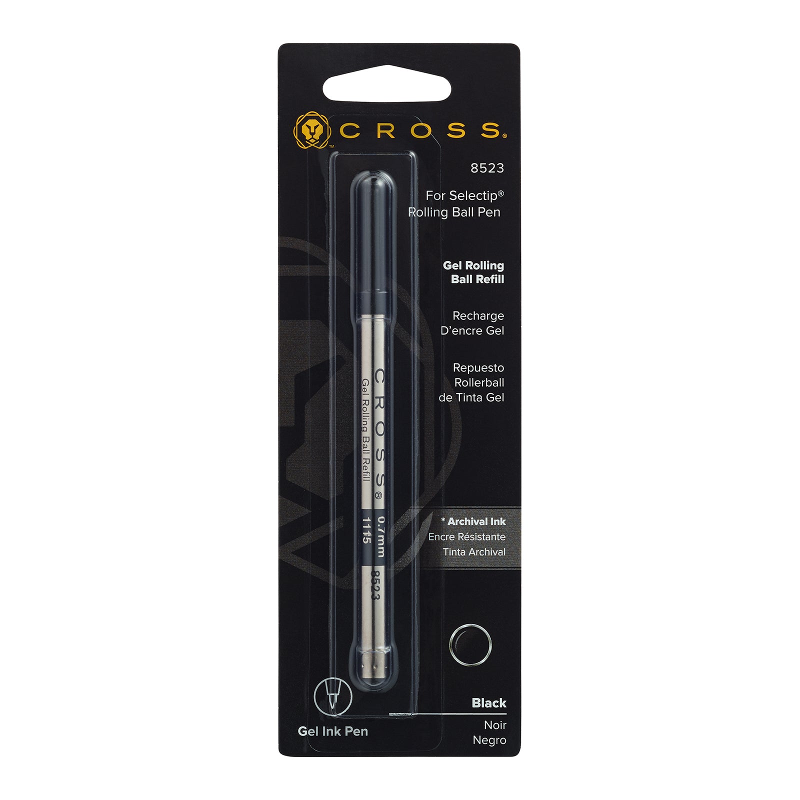 Recharge Roller Gel Cross, couleur noire, vue de face sur fond blanc.