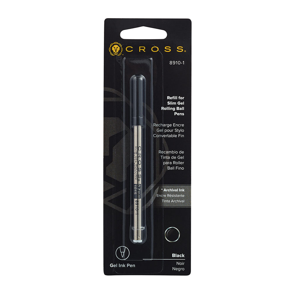Recharge Roller Gel Slim Cross, couleur noire, vue de face sur fond blanc.