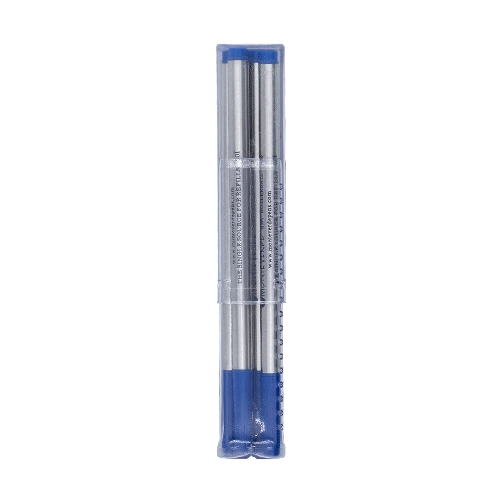 Pack de 12 recharges rollers bleues moyennes Monteverde, compatibles Montblanc, sur fond blanc.