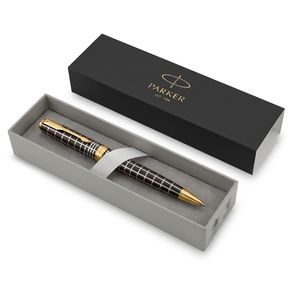 Parker Sonnet Brown Rubber – Stylo bille marron quadrillé argenté à attributs dorés