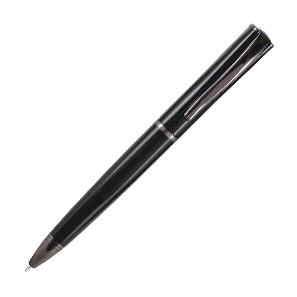 Un stylo bille Monteverde Impressa en finition noire, incliné à 45 degrés, est présenté sur un fond blanc. Le stylo bille est élégant avec un design moderne et raffiné, parfait pour une utilisation quotidienne.